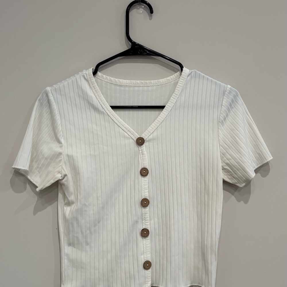 SHEIN Cream Ribbed Button Down Crop Top